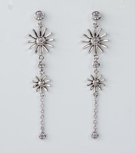 Sterling Silver/CZ Starburst Drop Earrings